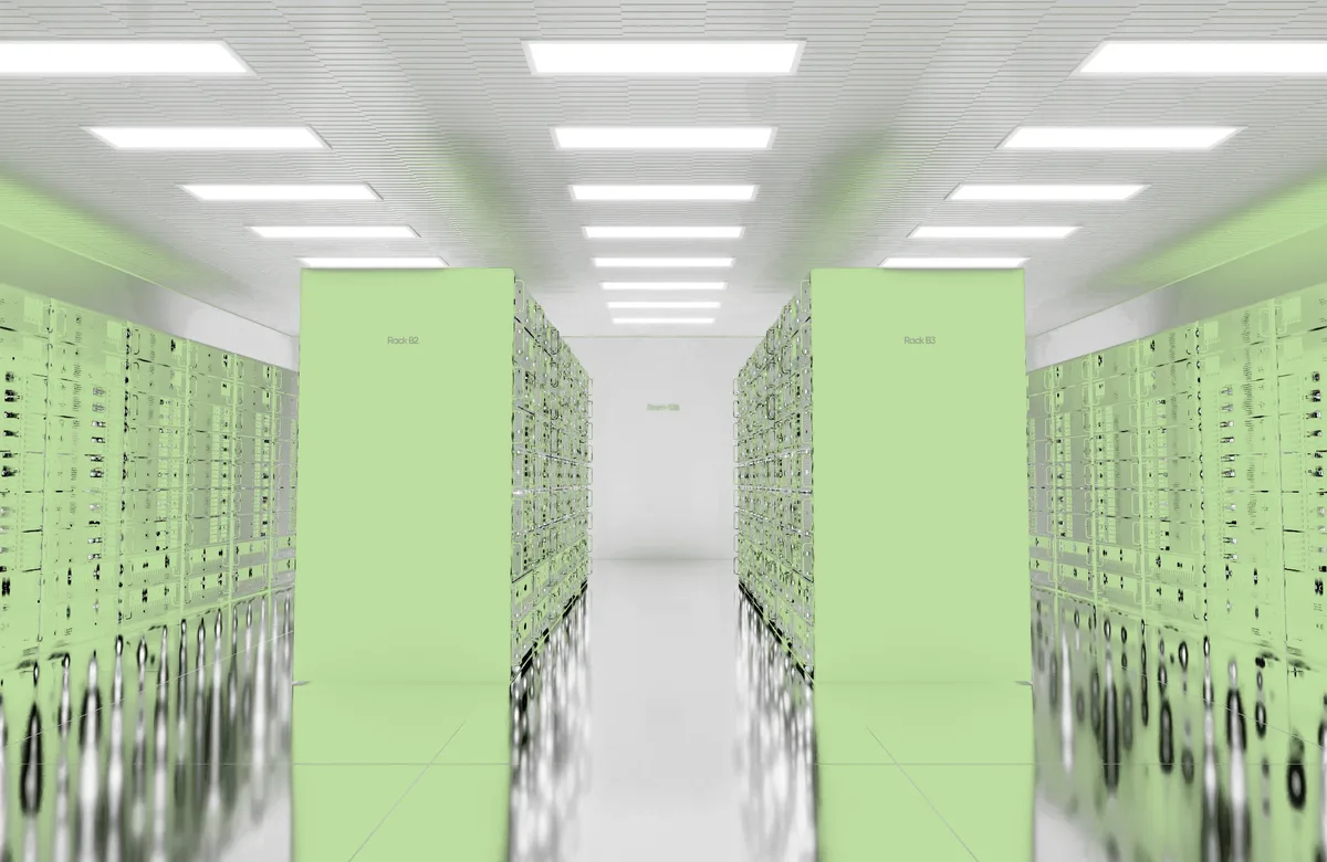 Aisles of server racks in a data centre hall