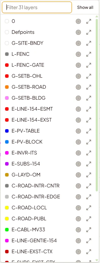 AutoCAD layers of the delivered DXF: fence, setbacks, PV tables, inverters, substation, roads, MV cables, gen-tie
