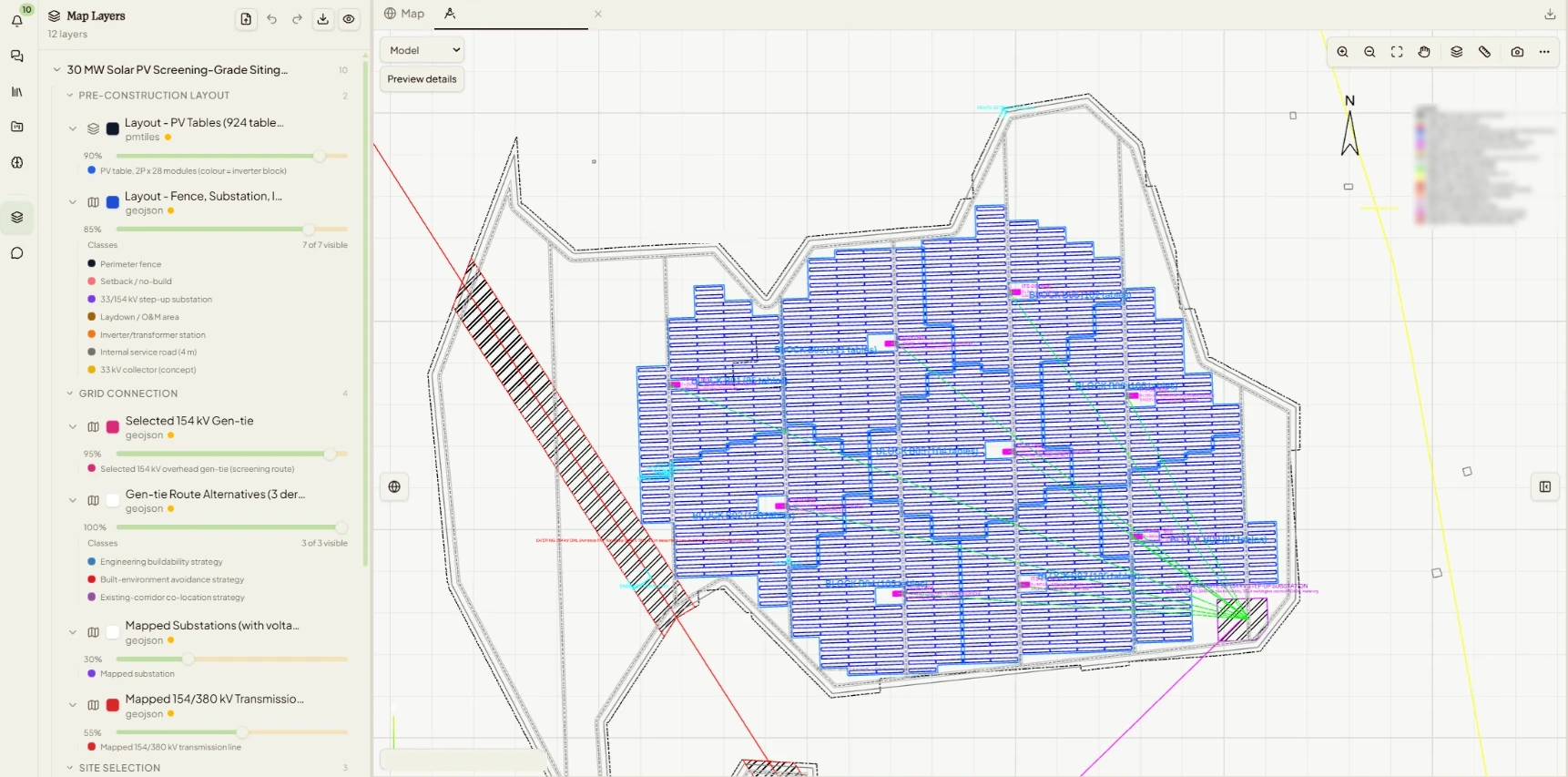 Thinking Lab layout design: a 30 MW solar PV layout with PV tables, inverter blocks, an on-site substation and the gen-tie route, delivered as AutoCAD DXF