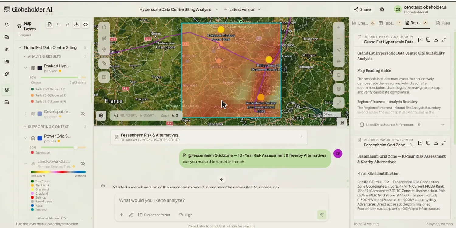 Thinking Lab workspace: map layers of ranked data centre sites in Grand Est, a chat about the Fessenheim grid zone, and a sourced suitability report